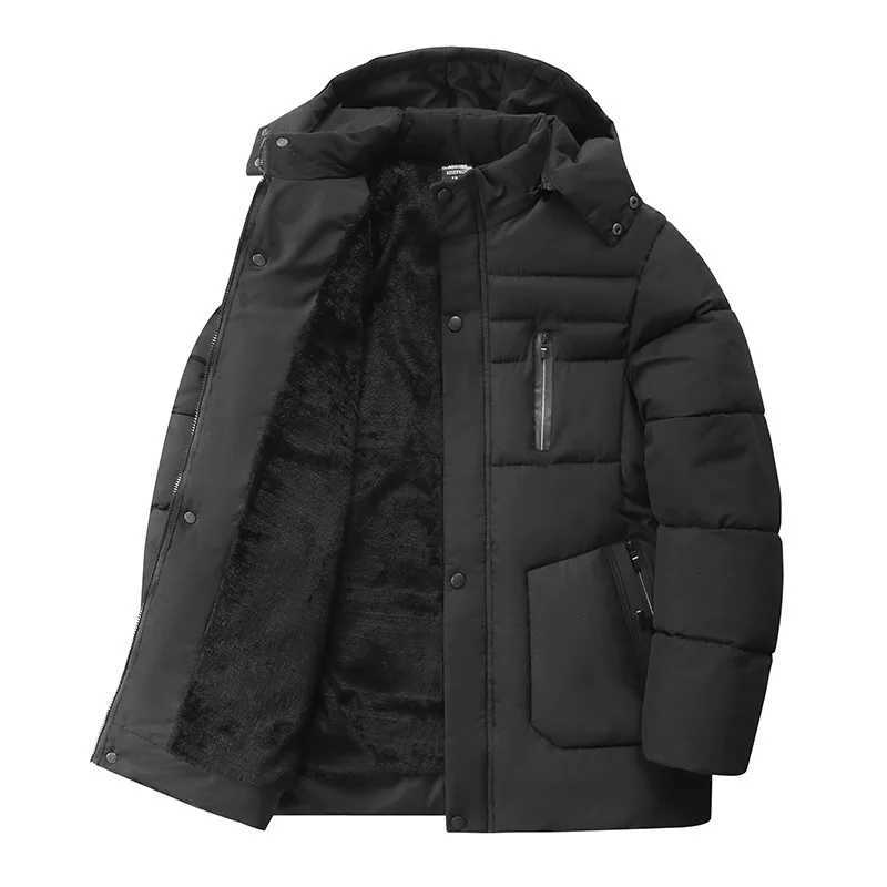 Down Parkas Winter Down Men's Jacket Man Thicken Fleece Stand Collar Pocket Male Coat Long Sleeve Business Casual Detachable Hooded Men Outerwe