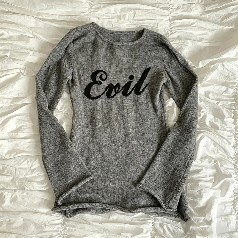 Grey Retro Slim Fit Knitted Long Sleeved T-Shirt For Women Evil Letter Gothic Embroidered Rolled Edge Base Shirt Punk Girl260922
