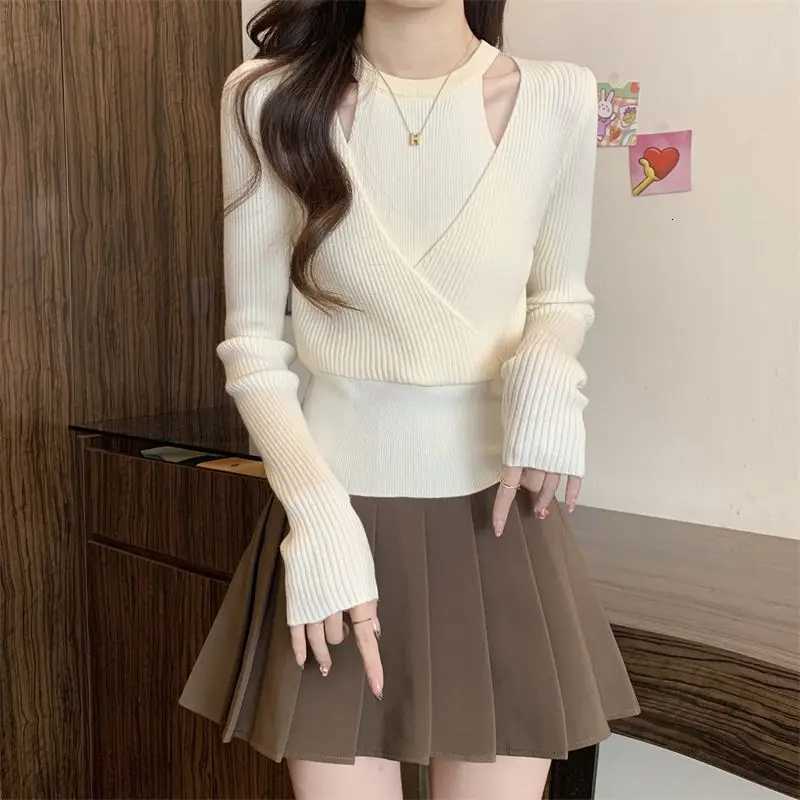 Women's Sweaters Korean Style Fashion Design Fake Two-Piece Chic Knitted Sweater Women's Autumn Winter Casual Base Layer Top D260923