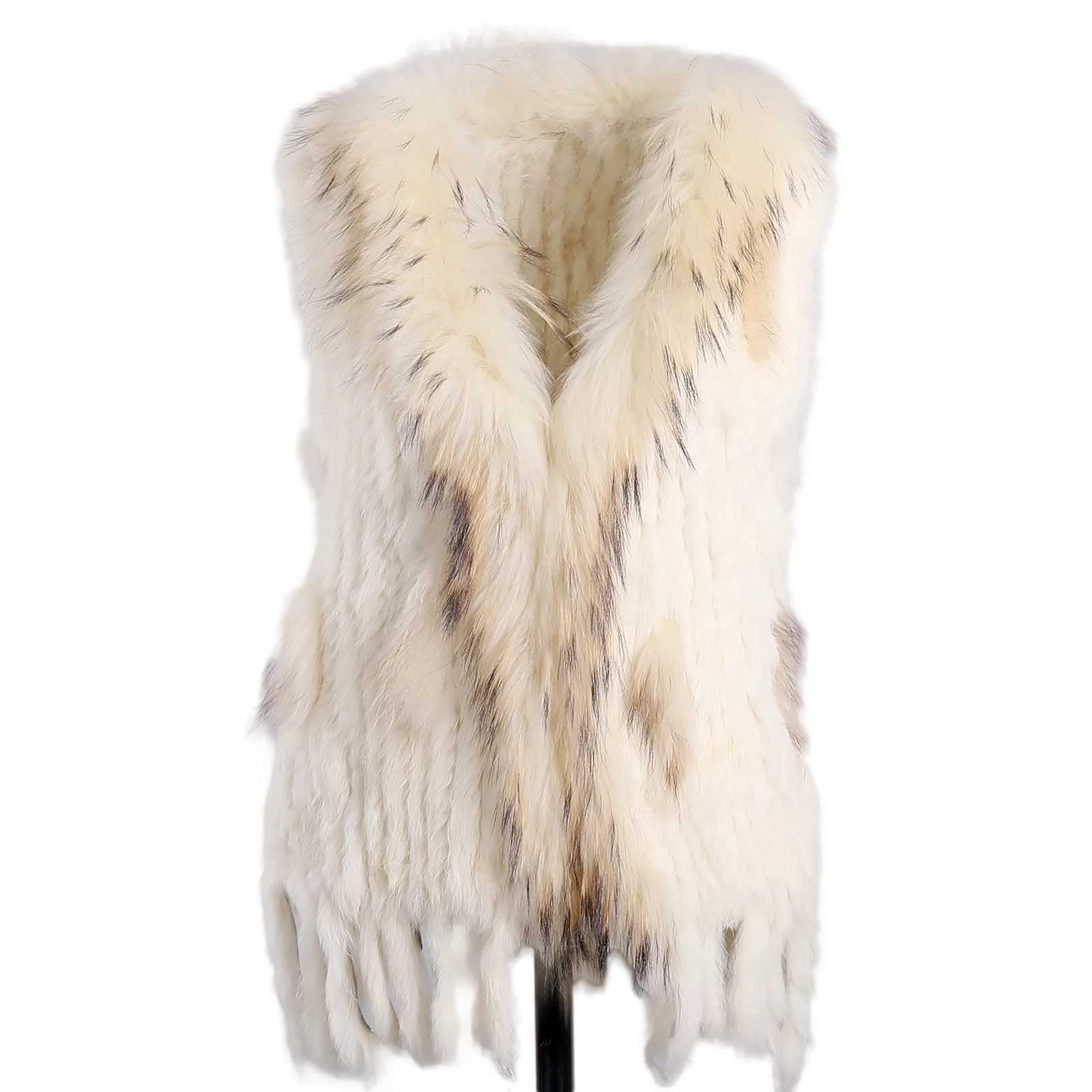 BOONJOVIA Women's 100% Rabbit Fur Knitted Vest Raccoon Fur Trim Collar Gilet Lady Fashion Waistcoat For Autumn Winter M260922