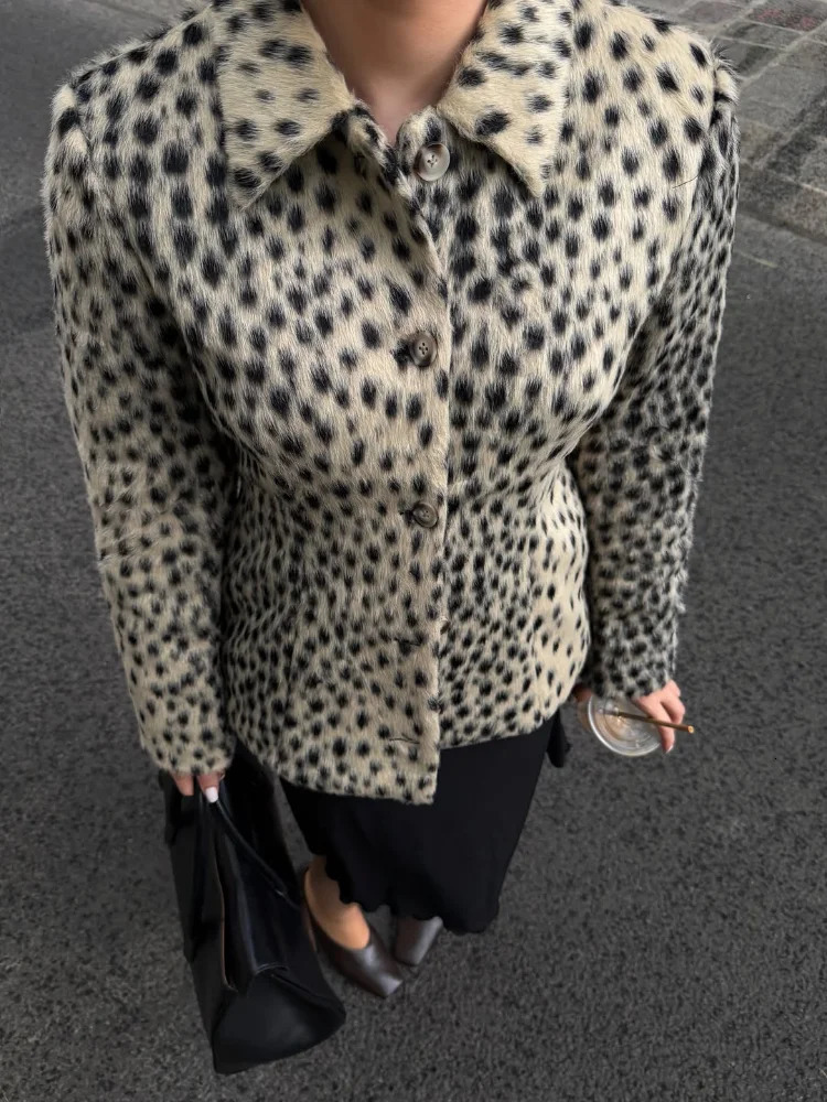 Fashion Leopard Printed Faux Fur Women's Coats Slim Lapel Single Breasted Full Sleeve Coat Autumn Winter Lady Warm Jacket 260922