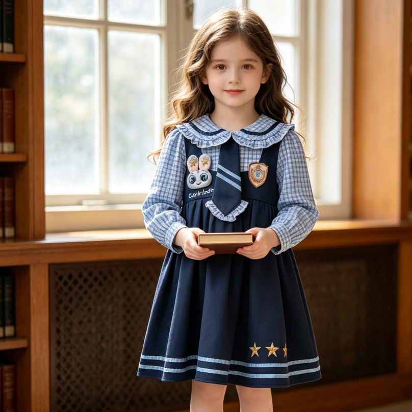 2026 Spring and Autumn Girls' Cartoon Rabbit Tie Long Sleeve Little Girl's Preppy Style Children's Dress Cross-Border