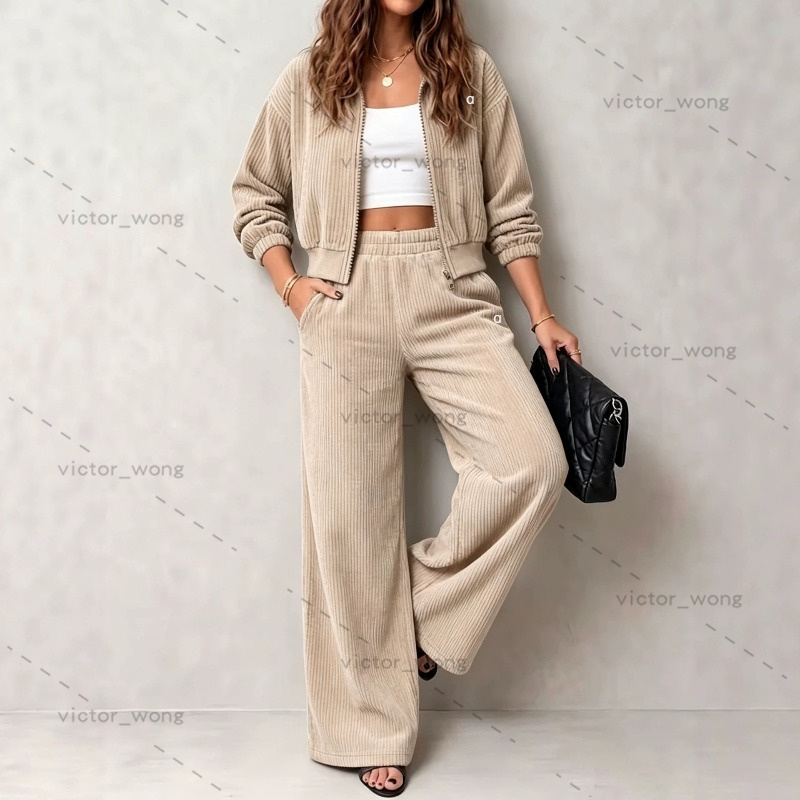A89 Designer Women Waffle Knit Two Piece Outfit Zip Up Cropped Jacket Elastic High Waist Wide Leg Pants Autumn Tracksuit Set