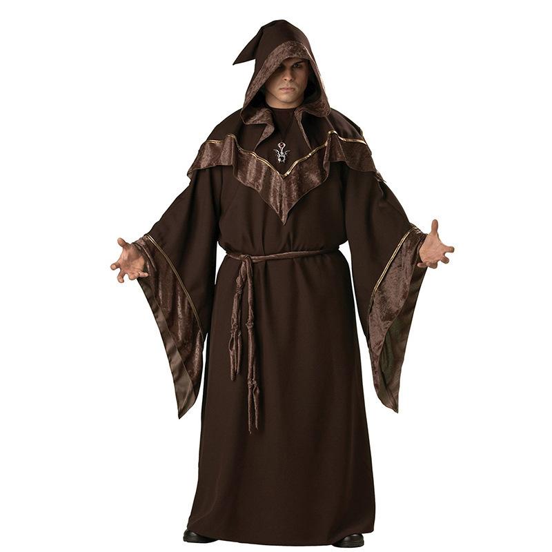 Costume de magicien d'Halloween pour hommes, robe à capuche marron avec ceinture, tenue de cosplay de sorcier mystique pour adultes, pour fête à