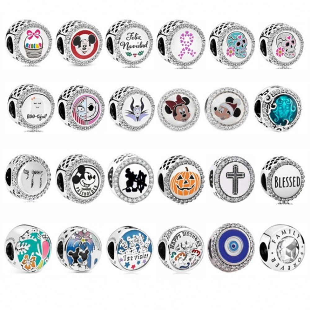Light Luxury Multiple Enamel Beads Elegant Mixed Theme Circular Enamel Beads Silver Full Diamond Large Hole Beads Womens DIY Bracelet Making