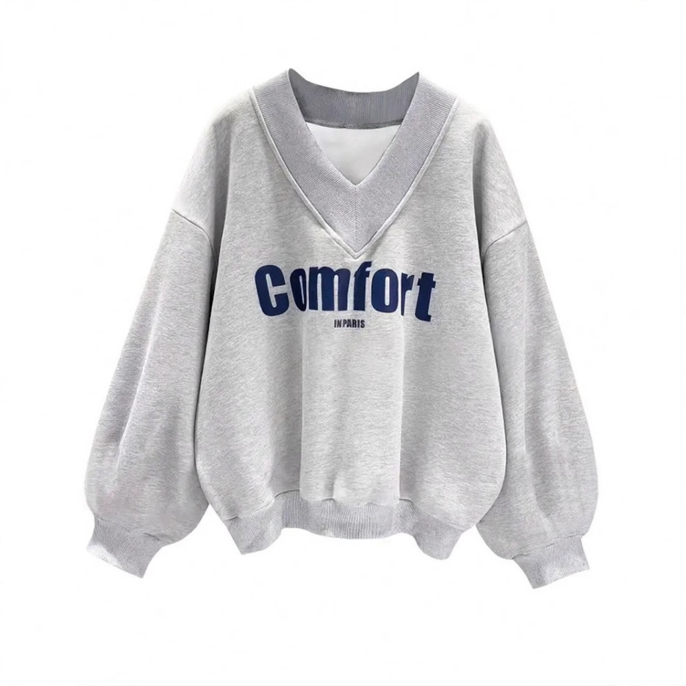 Spring and Autumn Grey Sweater Women's Fashion Casual Loose Versatile V Neck Top