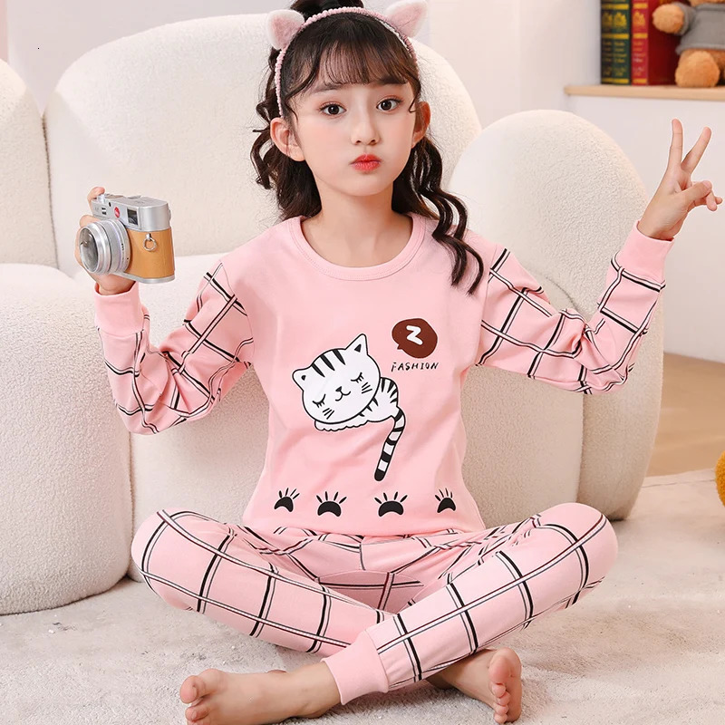 100% Cotton Pajamas Kids Girl Winter Pink Cat Teenager Girls Pyjamas 2 to 3 4 5 6 7 8 9 10 11 12 13 14 Years Children's Clothing 260922