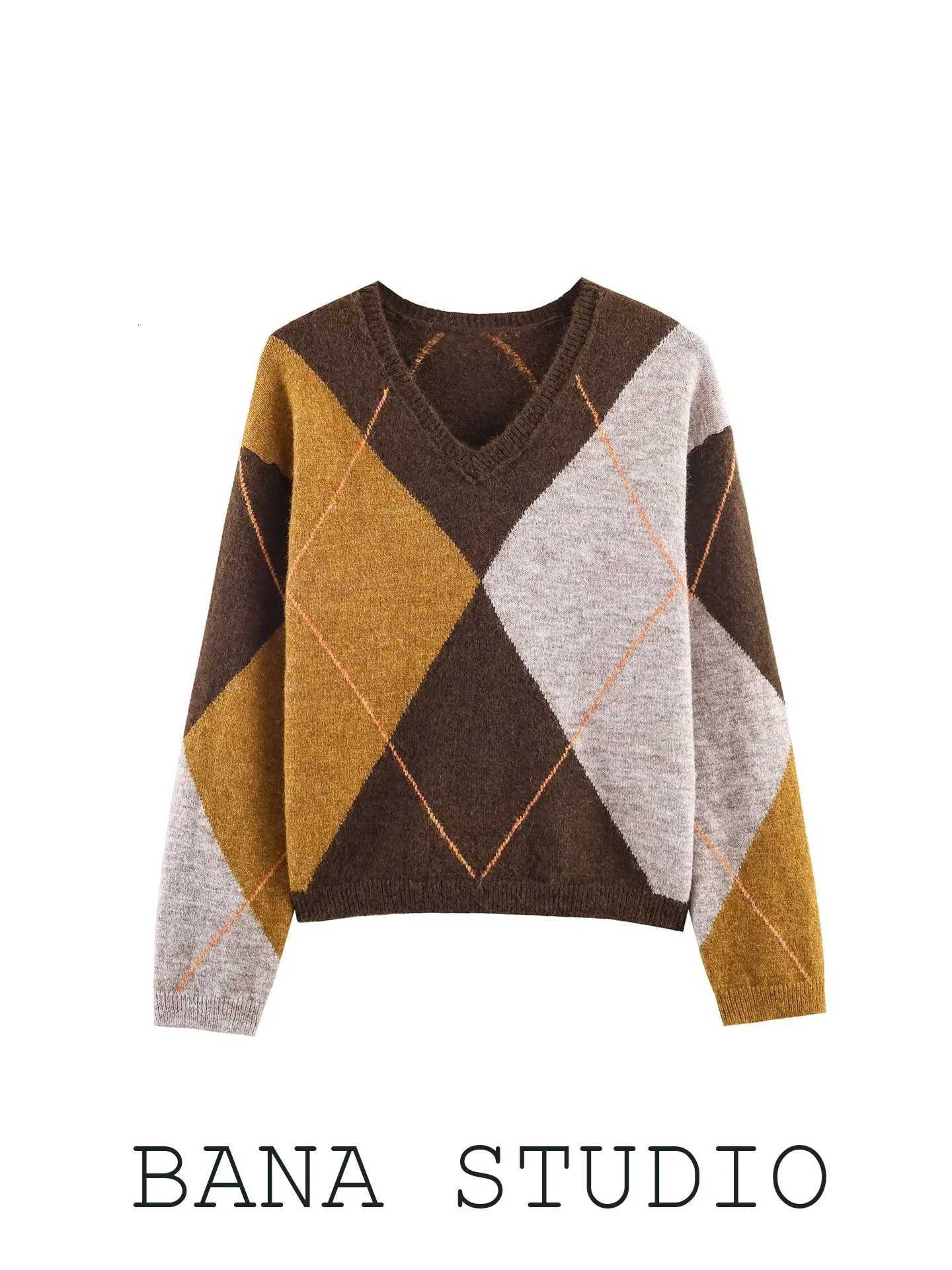 Women's Sweaters BANA Vintage Loose Short Knitted Sweater Women's Soft Cozy V-Neck Pattern Autumn Winter Fashion Ladies' Top D260923