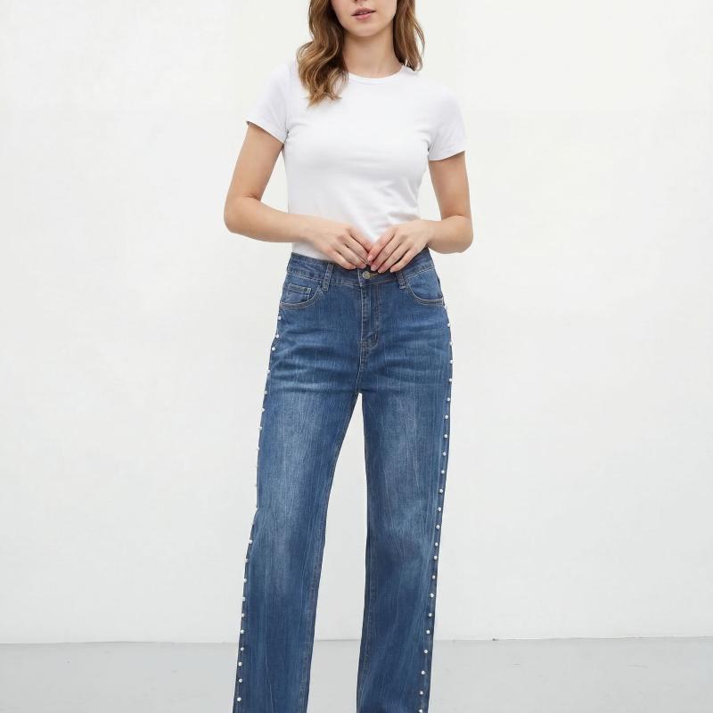 Jean à jambe droite bleu délavé pour femme, taille haute, décor de perles sur le côté, pantalon en jean avec fermeture éclair à boutons, coupe am