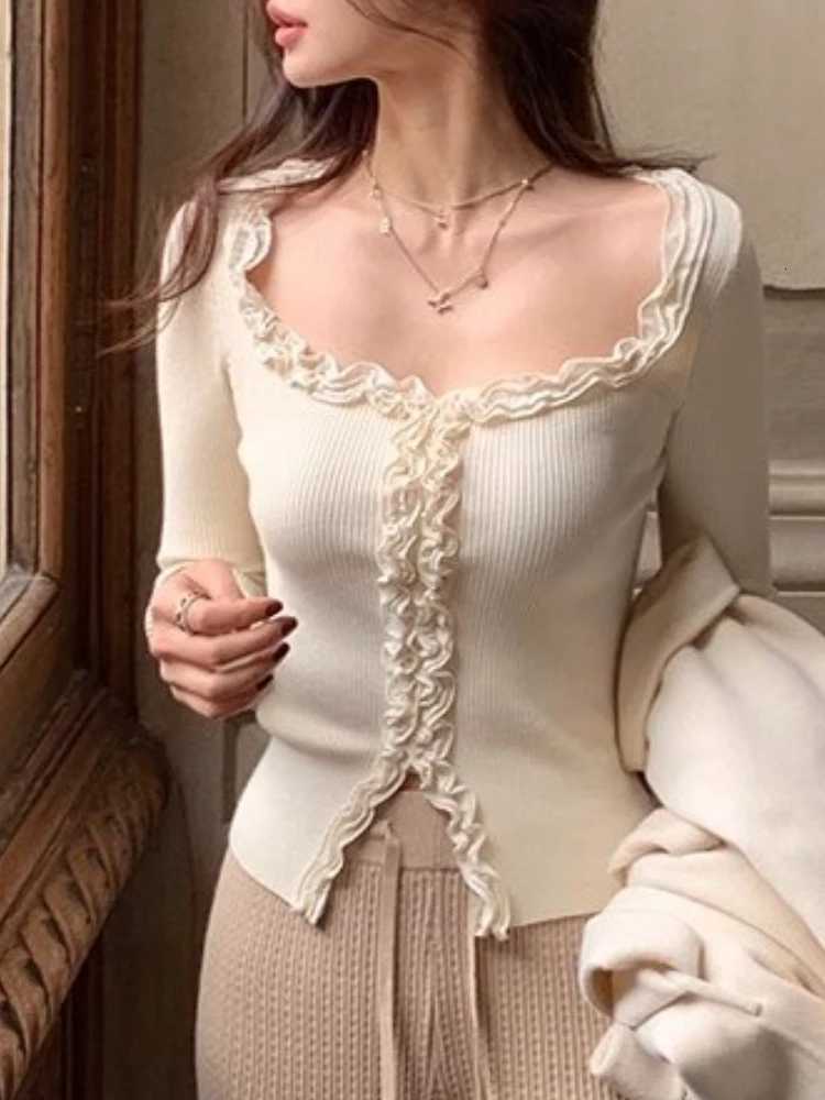 Women's Sweaters Autumn Long Sleeve Ribbed Slim Fit Tops Lace Ruffles Sweater Elegant Sweet Knitted Pullovers Solid Color Square Collar Sweater