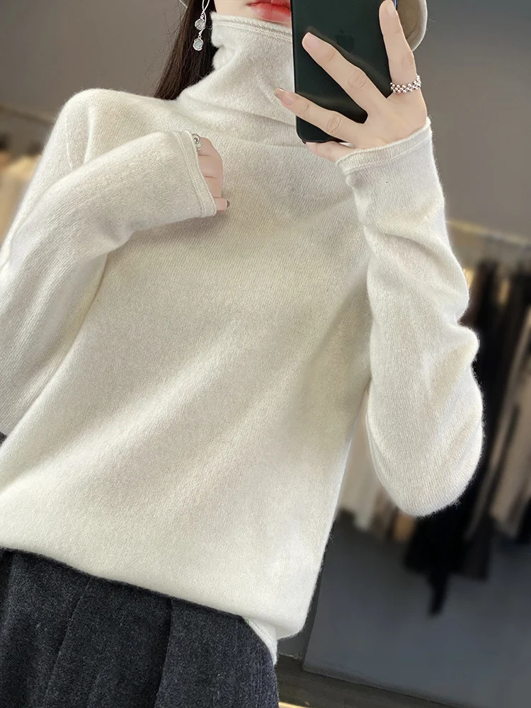 Autumn Winter Women 100% Merino Wool Pullover Turtleneck Sweater Casual Korean Style Cashmere Knitwear Bottoming Clothing 260923