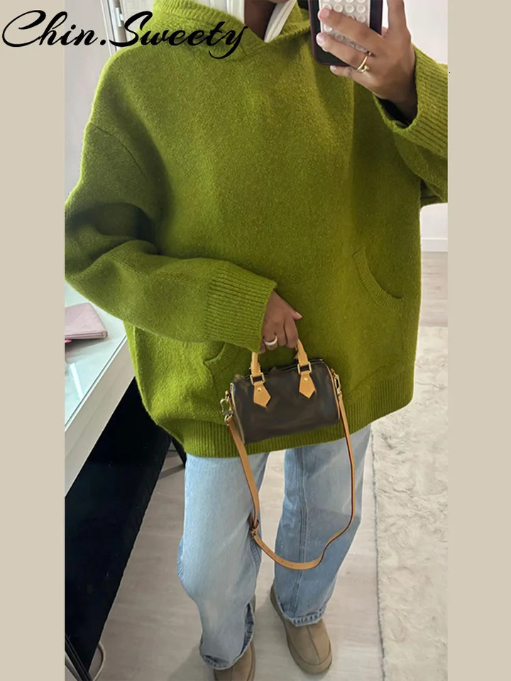 Lazy Knitted Hoodies Women Sweater Fashion Pocket Long Sleeve Thicken Female Knitwear 2026 Spring Autumn Loose Lady Outwears 260923