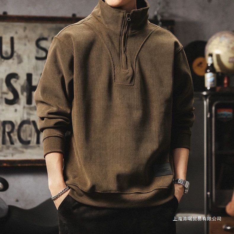 Luxurious Designer Fall-winter Corduroy Pullover Men's Heavyweight Stand-up Collar Half-zip Top With American Retro Relaxed Fit Men's Coat