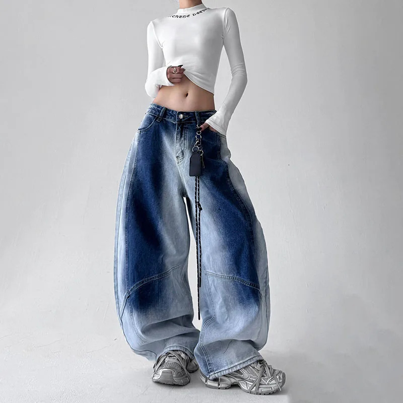Korean Retro Gradient Jeans For Women Straight Leg Pants Wide Leg Casual Pants Blue Jeans Y2k Pants Baggy Without Pendant 260922
