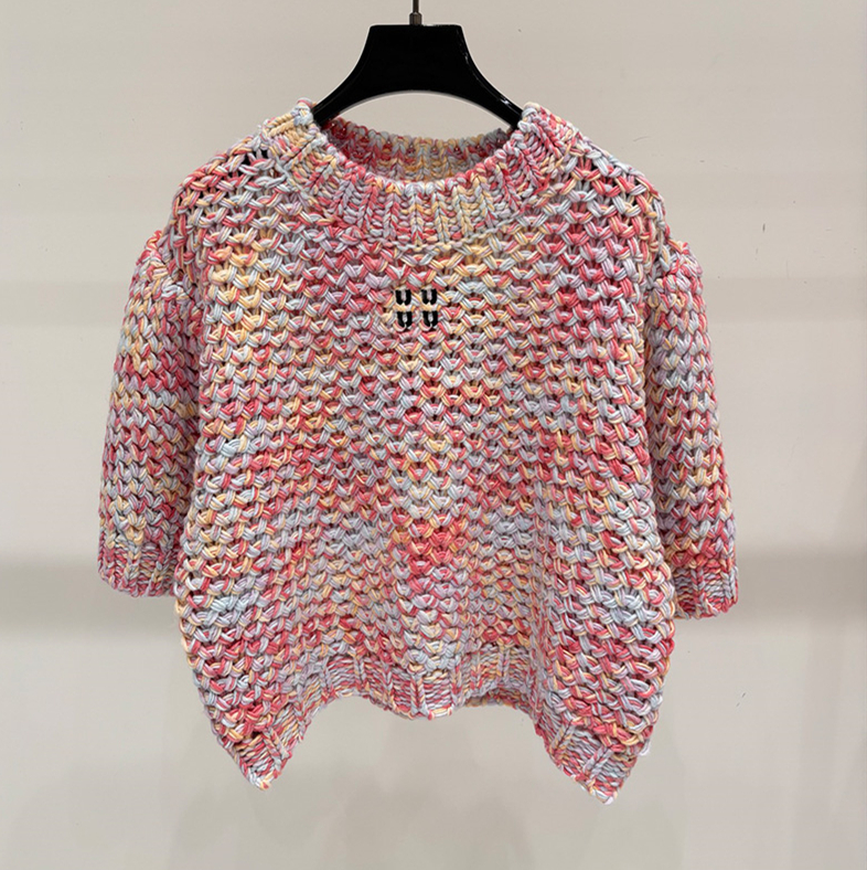Y2K Style Women Rainbow Gradation Knit Tee Designer Crew Neck Short Sleeve Breathable Chic T Shirt Summer Vacation Seaside Party Knit Top