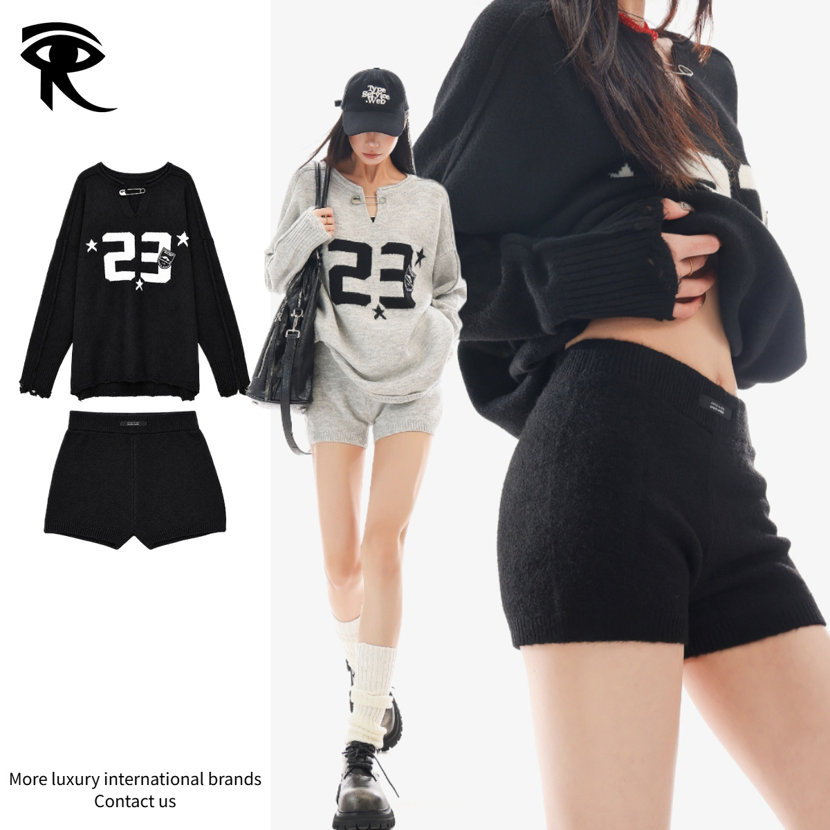 Trendy Grunge Women Y2k Distressed Embroidered Sweater Shorts Set Chic Hip Hop Autumn Casual Baggy Long Sleeve Knitwear Shorts Co Ord Set Designer S