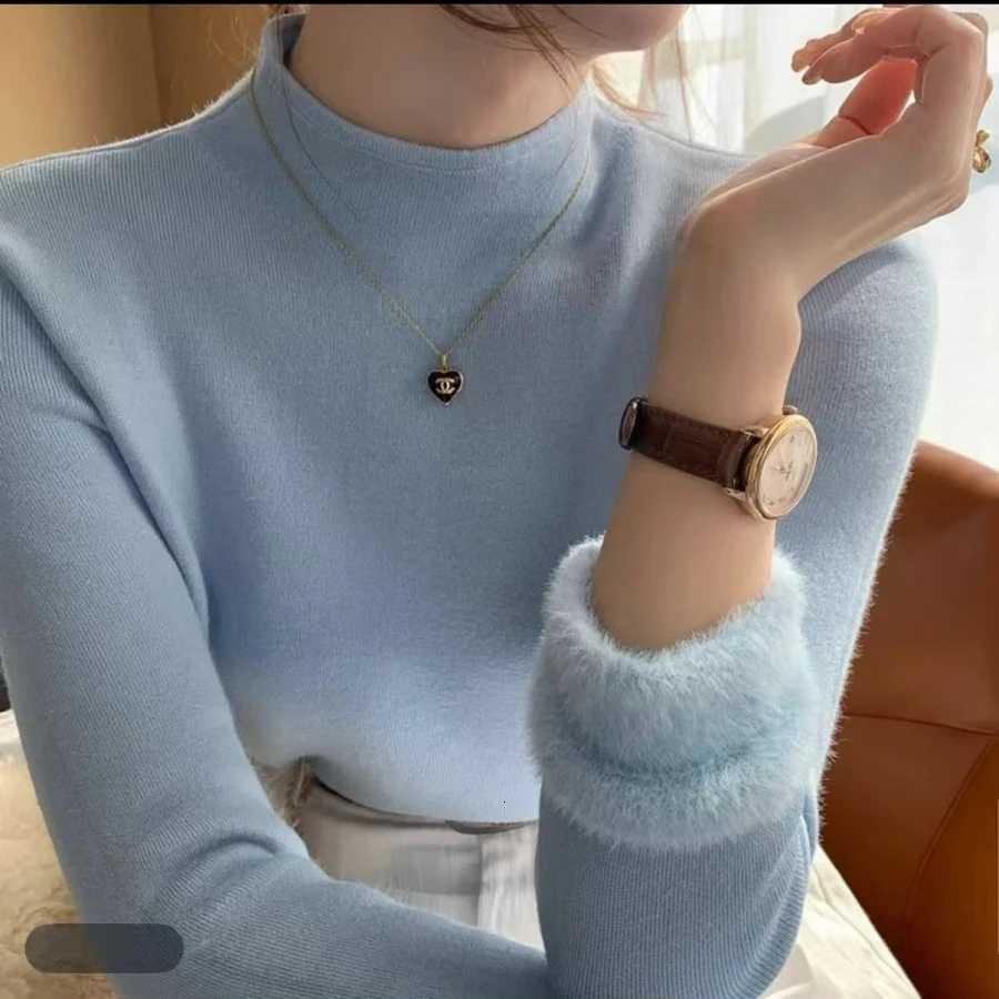 Women's Sweaters White Knitted Fleece Lined Half High Collar Sweater Women's Fashion Autumn Winter Inner Wear Base Shirt Integrated Fleece