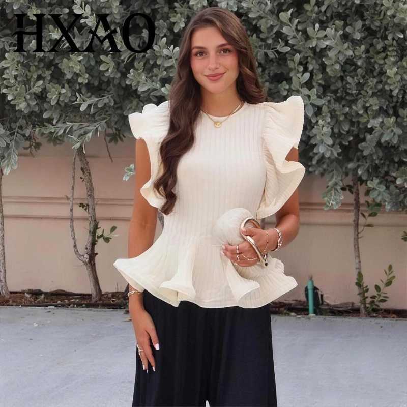 Women's Sweaters HXAO Women's Knitted Sweater Cropped Sleeveless Peplum Blouse Begie Round Neck Ruffle Sweaters Woman Summer Casual Knit T