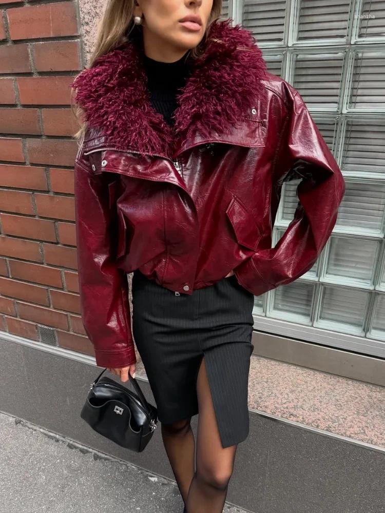 Faux Fur Patchwork Leather Cropped Jackets Women Wine Red Lapel Full Sleeves Zipper Fit Short Coats 2026 Lady Daily Outwear