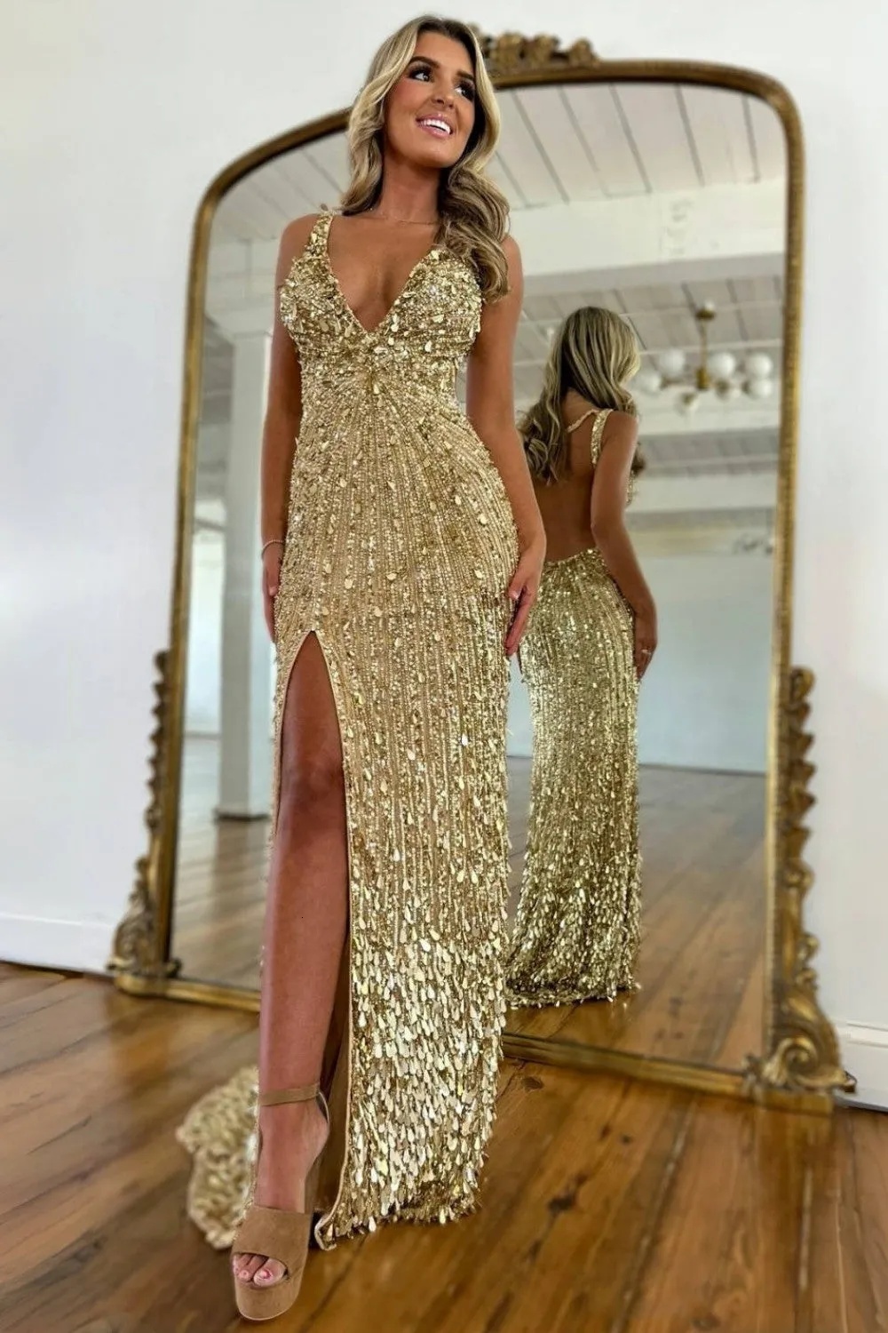 Luxdress Sparkle Gold Fully Beaded Prom Dress with Deep V Neck Slit and Open Back Women Sexy Evening Celebrity Runway Gowns