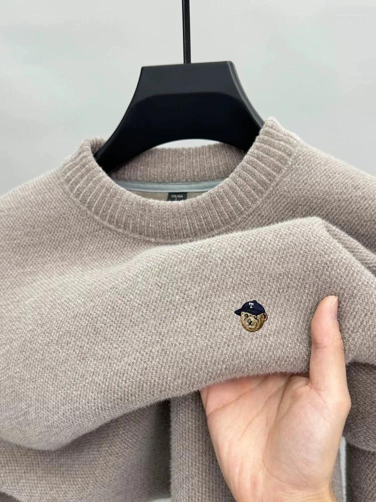 Light Luxury Men's Knitted Pullover Autumn Winter Warm Plush High-End Brand Fashion Hat Bear Embroidered Round Neck Sweater