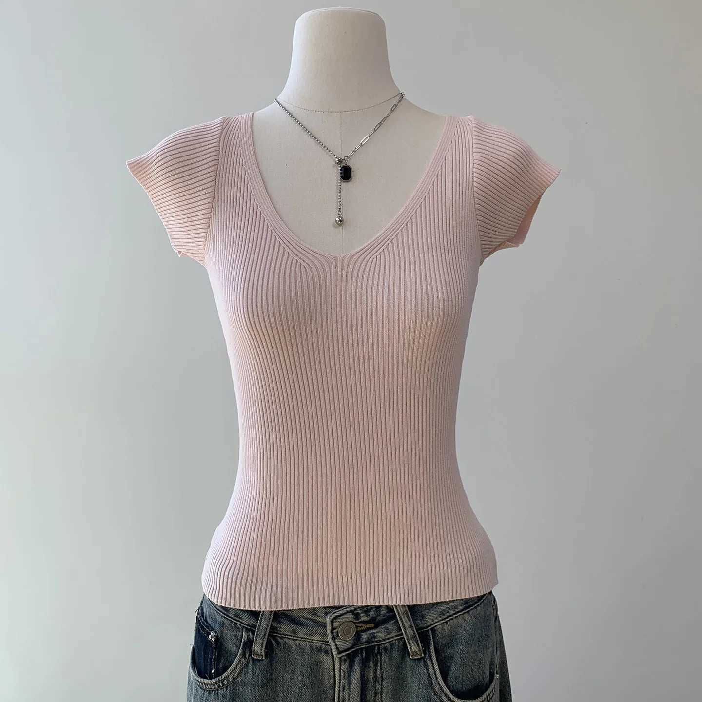 Women's Sweaters Pink V-Neck Short Sleeve Knitted Sweater Women's Summer Thin Korean Style Gentle Fit Top Commute Style Polyester Fiber H2