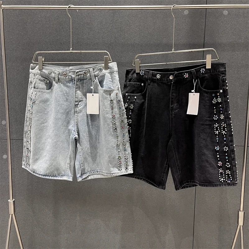 Y2K Gothic Diamond Cross Embroidery Denim Shorts American Retro Blue Gym Shorts Rhinestone Streetwear Hip Hop Men Women Shorts 260921