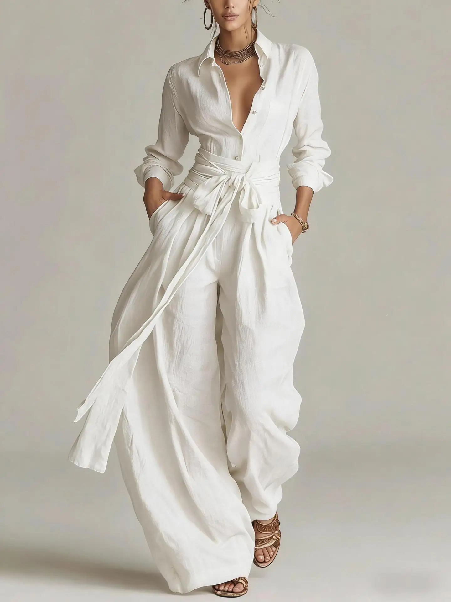 Tuta da donna marrone Vestito con risvolto Manica lunga Camicia con bottoni Cintura a vita alta Cravatta Pantaloni a gamba larga Tute eleganti per l