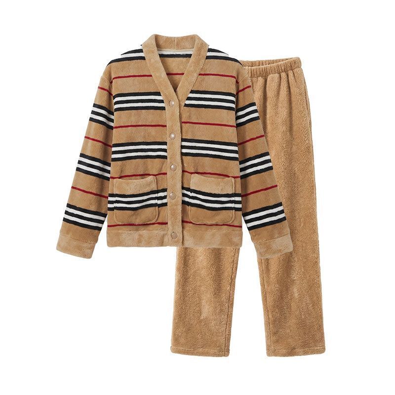 New British Style Striped Pajamas Women Autumn And Winter Collection V Neck Cardigan Two Piece Set Loose Fit Thickened Warmth Suitable For Wearing A