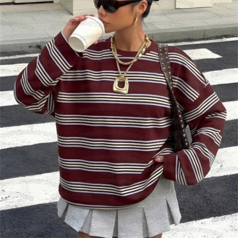 Spring And Autumn Women's Men's Casual Stripe Pattern Plus Size Retro American Style T-shirt Round Neck Long Sleeve T-Shirt 260921CJ