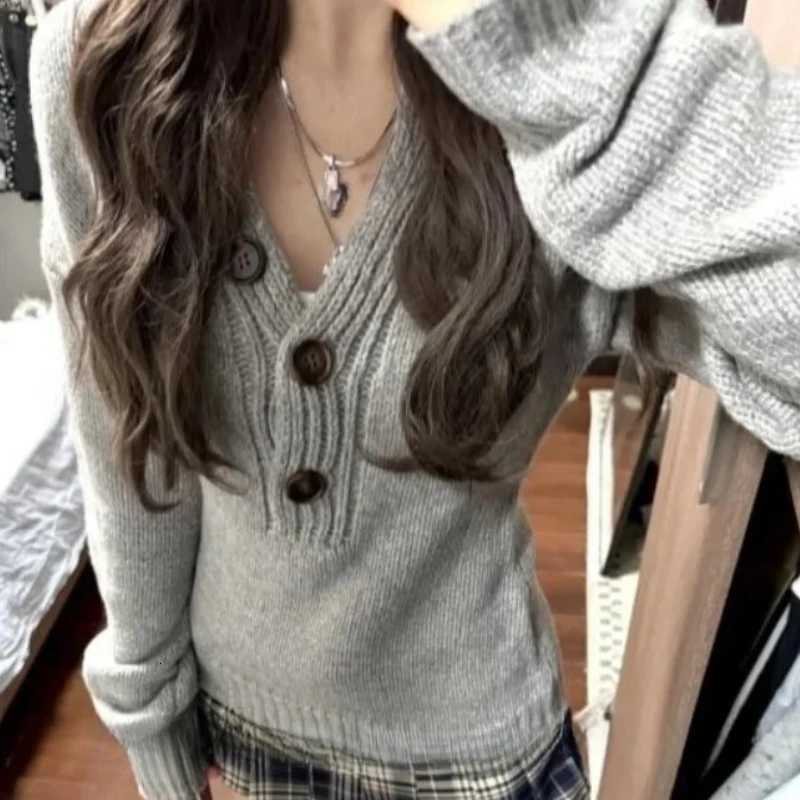 Women's Sweaters 2000s Y2k Slim Vintage Long Sleeve Sweaters Autumn Winter V Neck Pullover Korean Fashion Subculture Long Sleeve Top for Women