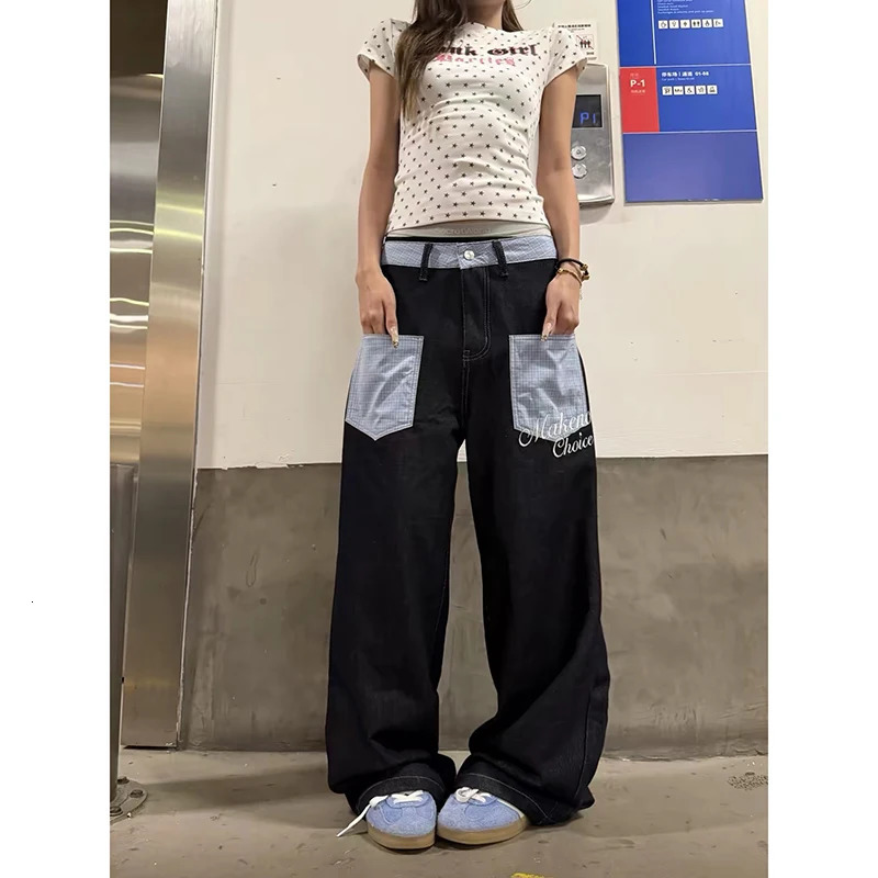 ZHIZOU Women Black Gothic Y2k Jeans Japanese 2000s Style Plaid Baggy Jean Pants Vintage Harajuku Denim Trousers Clothes Autumn 260922