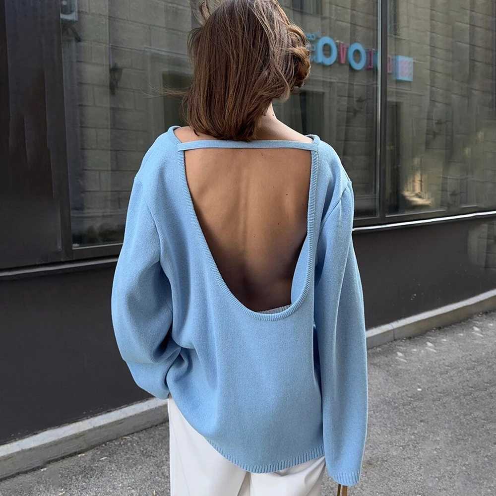 Women's Sweaters Talenza Solid Knitted Sweater Women's Long sleeve O Neck Backless Pullover Sweater 2025 New Female Fashion Loose Casual S