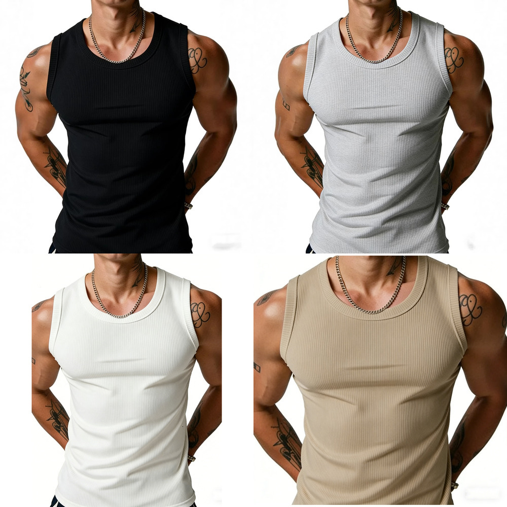 popular men's summer vest, ribbed fitness sports top, simple solid color inner wear tank top ff
