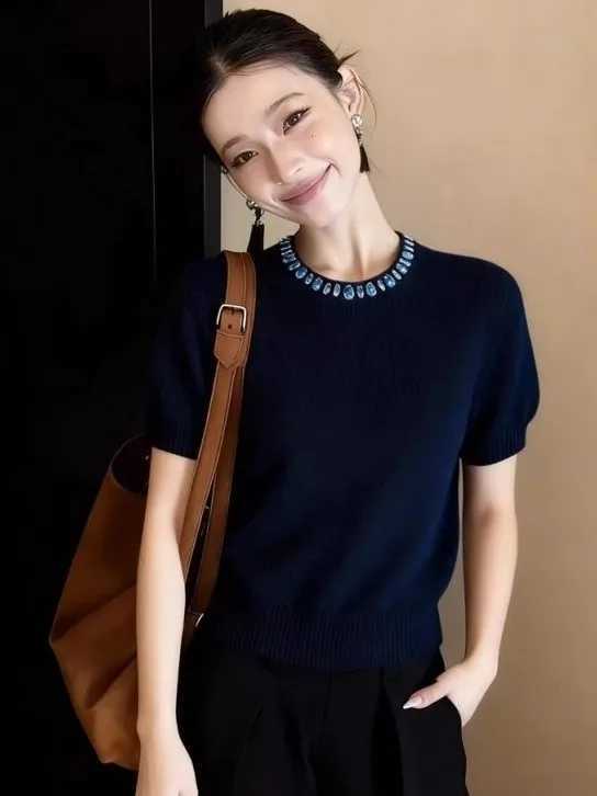 Women's Sweaters Slim Fit round Neck Short Sleeve Knitted Shirt Women's Style in Blue Color Korean Design Summer New Arrival Comfortable T