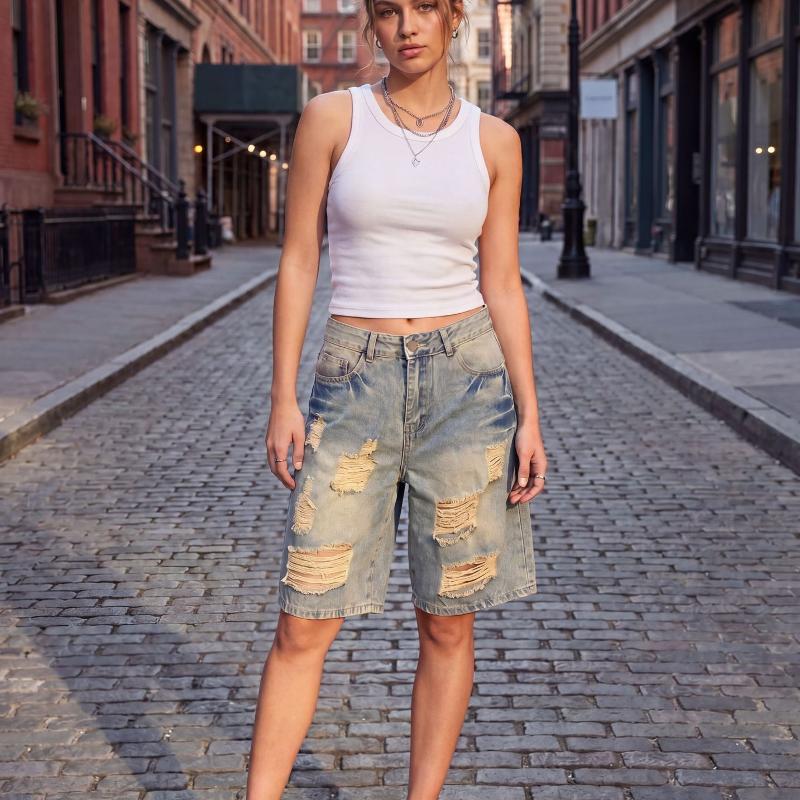 Women Retro Washed Ripped Denim Bermuda Shorts High Waist Frayed Distressed Wide Leg Knee Length Jean Shorts Loose Fit Button Fly Five Pockets De