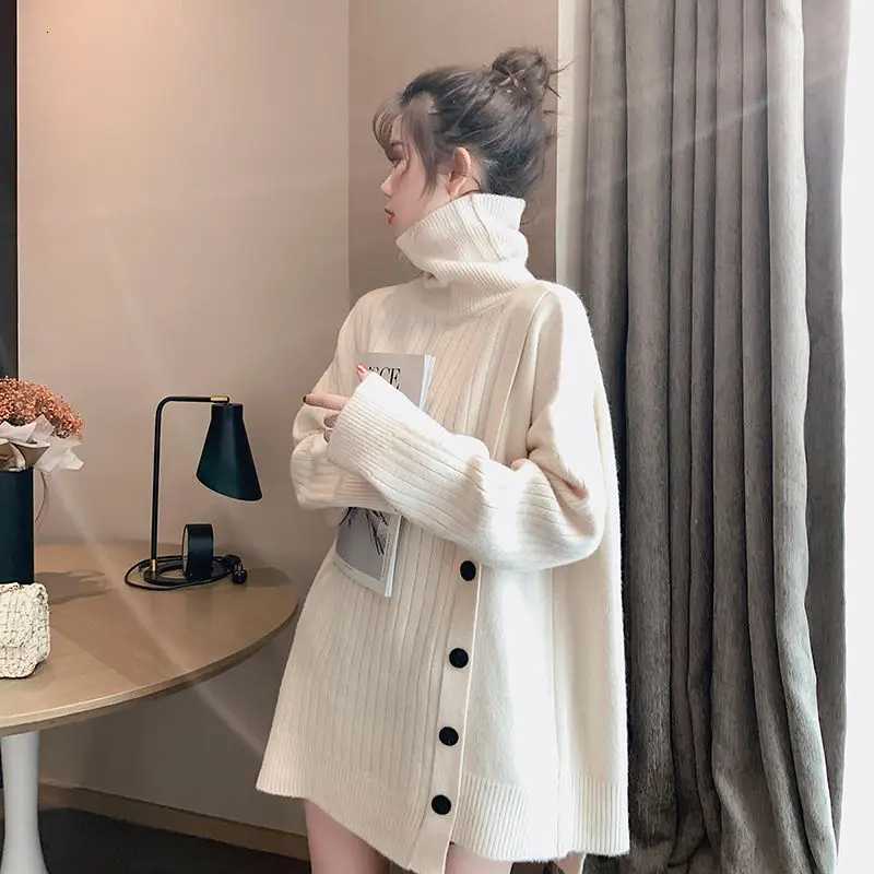 Women's Sweaters Autumn Winter New Fashion High Neck Mid Length Style Long Sleeve Women's Clothing Sweaters Korean Loose All-match Knittin