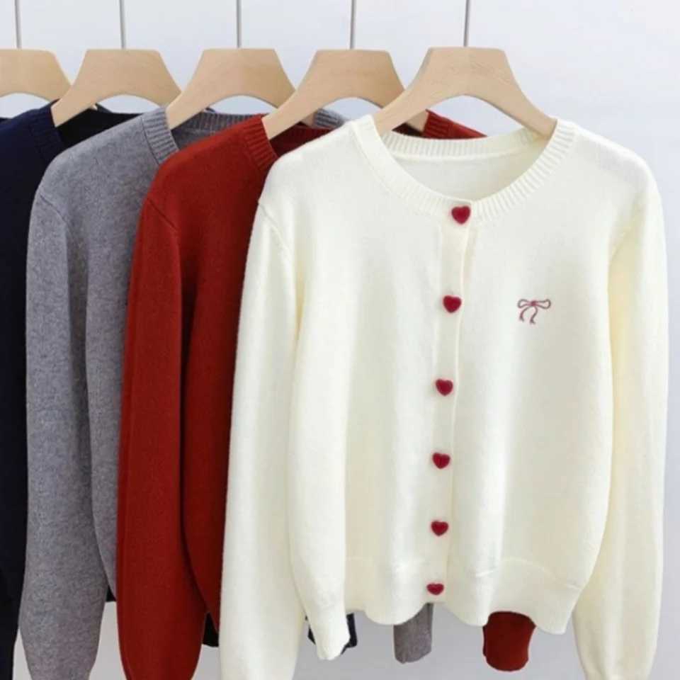 Women's Sweaters 2026 Women Knitted Cardigan Bow Embroidery O-Neck Single Breasted Heart-shaped Button Sweater Korean Casual Solid Knitting Top