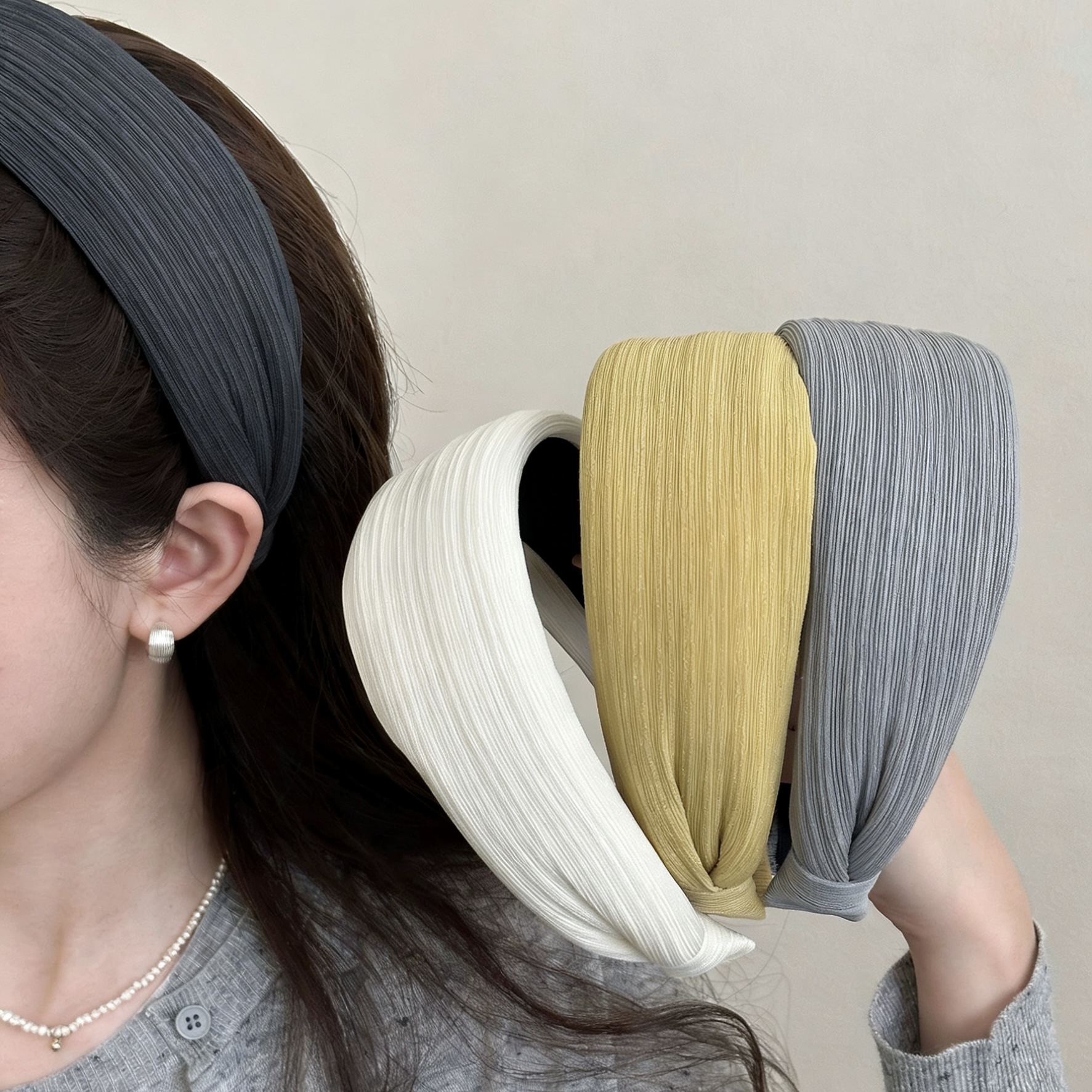 High-quality Korean striped fabric wide-brimmed women, high-crown headband for daily commuting and outdoor wear, hair accessory