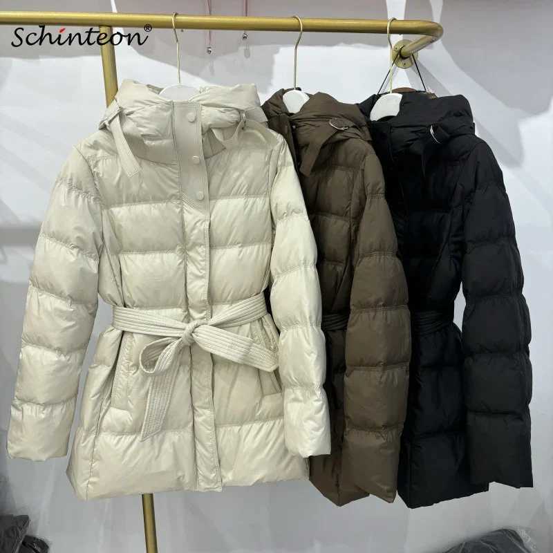 Schinteon Women White Duck Down Jacket with Hood Autumn Winter Warm Office Lady Outwear Fashionable Coat Belt 2024 New M260922