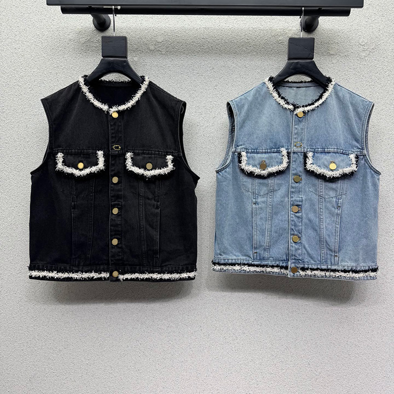 Sleeveless Denim Vest For Women Tweed Trim Button Down Waistcoat Autumn Casual Daily Wear Sleeveless Vest Jackets