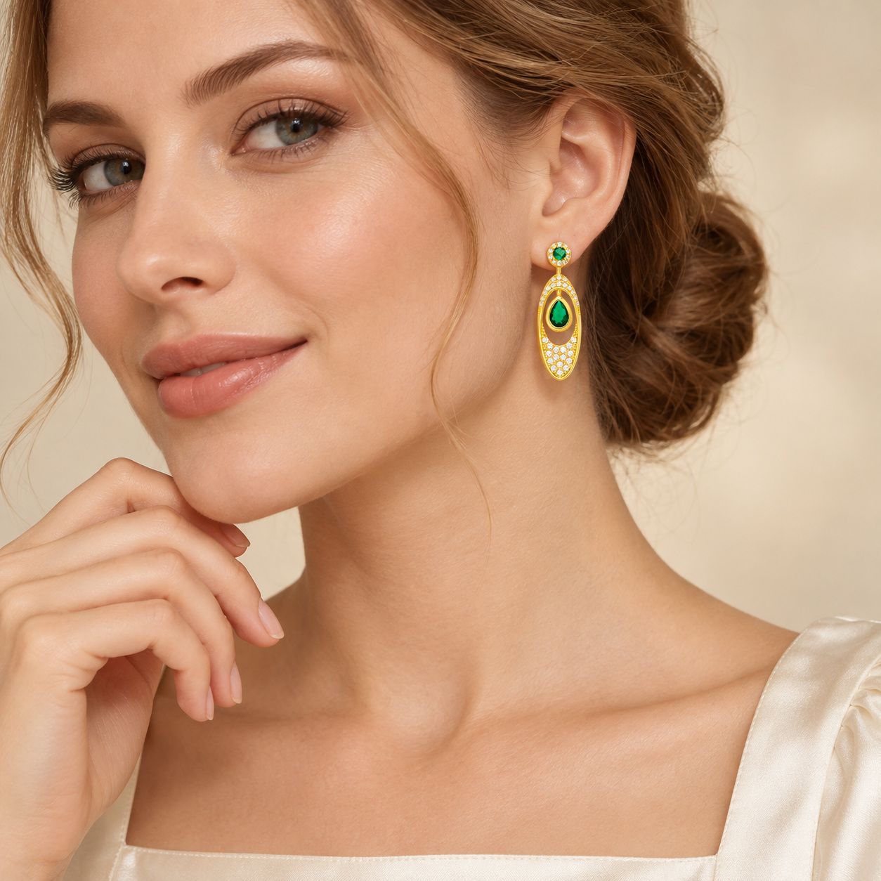 Green Teardrop Dangle Earrings Women S925 Silver Post 18K Gold Plated Micro Pave Zircon Vintage Palace Style Bridal Party Gift Wholesale
