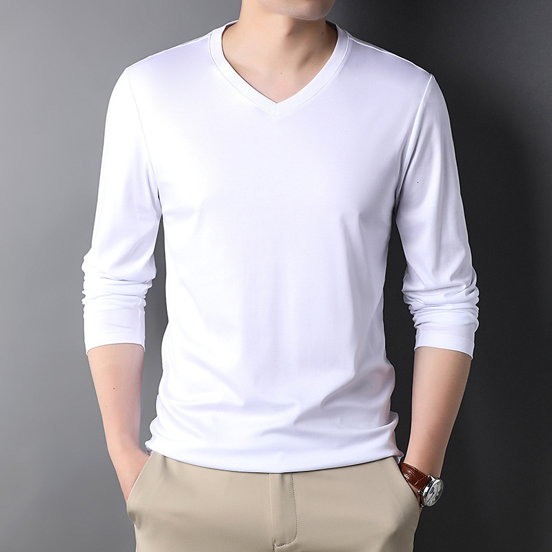 Men's long-sleeved V-neck T-shirt, suitable for spring and autumn, solid color, thin inner layer, trendy crew neck, wholesale