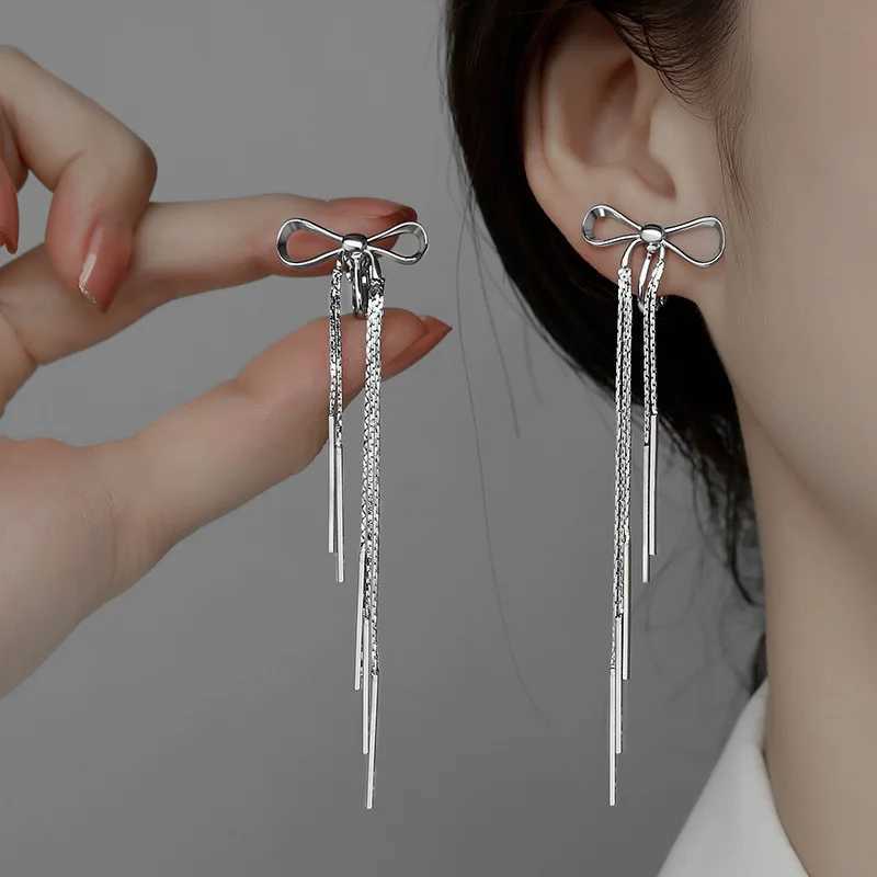 French Symmetrical Bow Clip on Earrings for Women Fashion Temperament Exquisite Long Tassel Ear Clips Jewelry Gifts M260923
