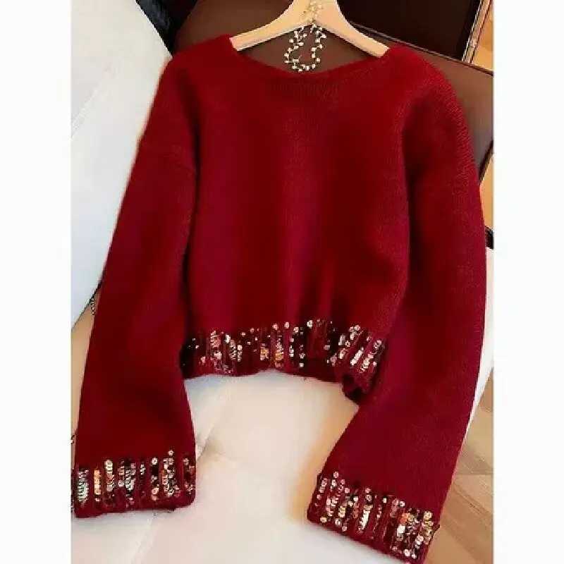 Women's Sweaters Women French Sequins Splice Knit Sweater 2026 Autumn Winter New Loose Green Crew Neck Short Top Versatile Long Sleeve Pullover
