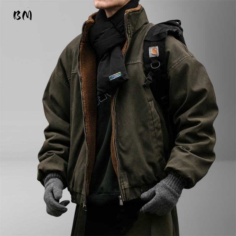 Winter Heavyweight Mens Jacket Japanese Vintage PU Coated Windproof Thick Fleece Lined Warm Distressed Streetwear Long Coat Male 260922