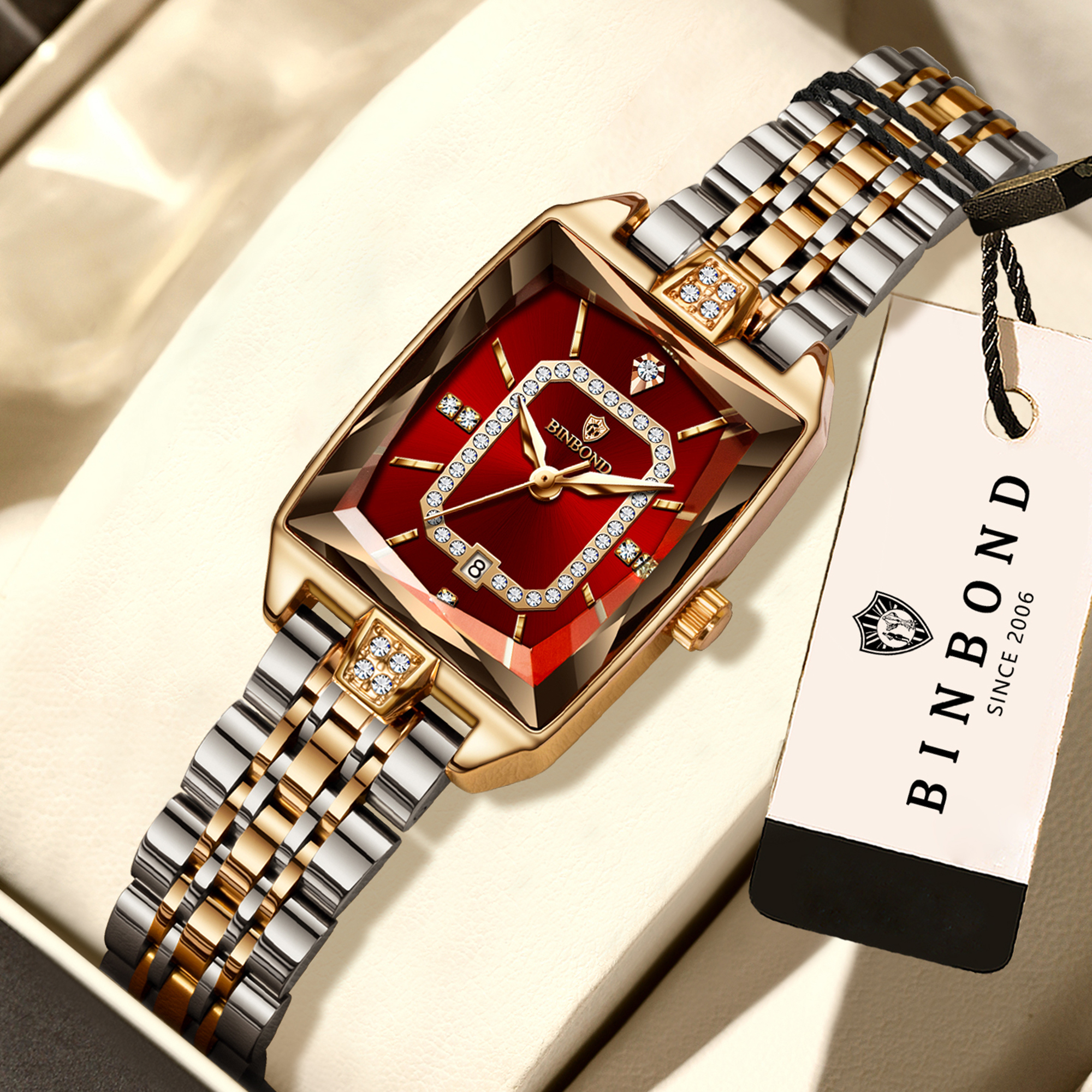 BINBOND Zircon Luxury Reloj Waterproof Sturdy Auto Date Women's Watches Ladies Wristwatch Quartz Watch For Women 26Y0923