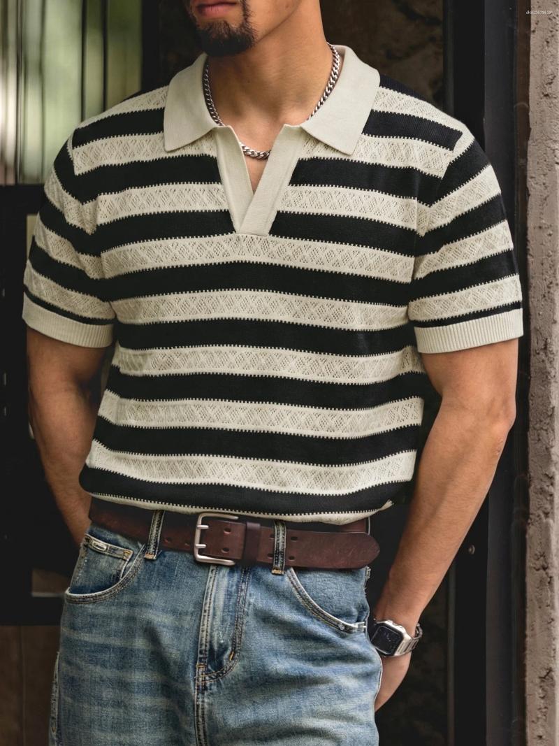 American Retro Striped Knitted Shirt Men's Summer Spring Hollow Out Breathable Loose Casual Heavy Short Sleeve T-Shirt