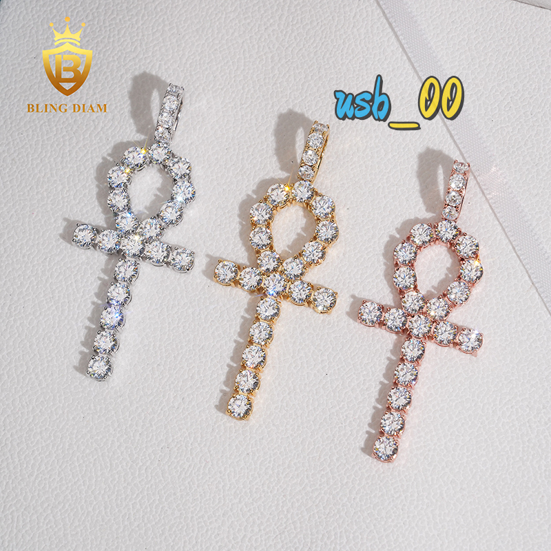 Classic Design Bling Hip Hop Jewelry Moissanite Iced Out Ankh Cross Pendant 925 Sterling Silver Diamond Fine Men Women