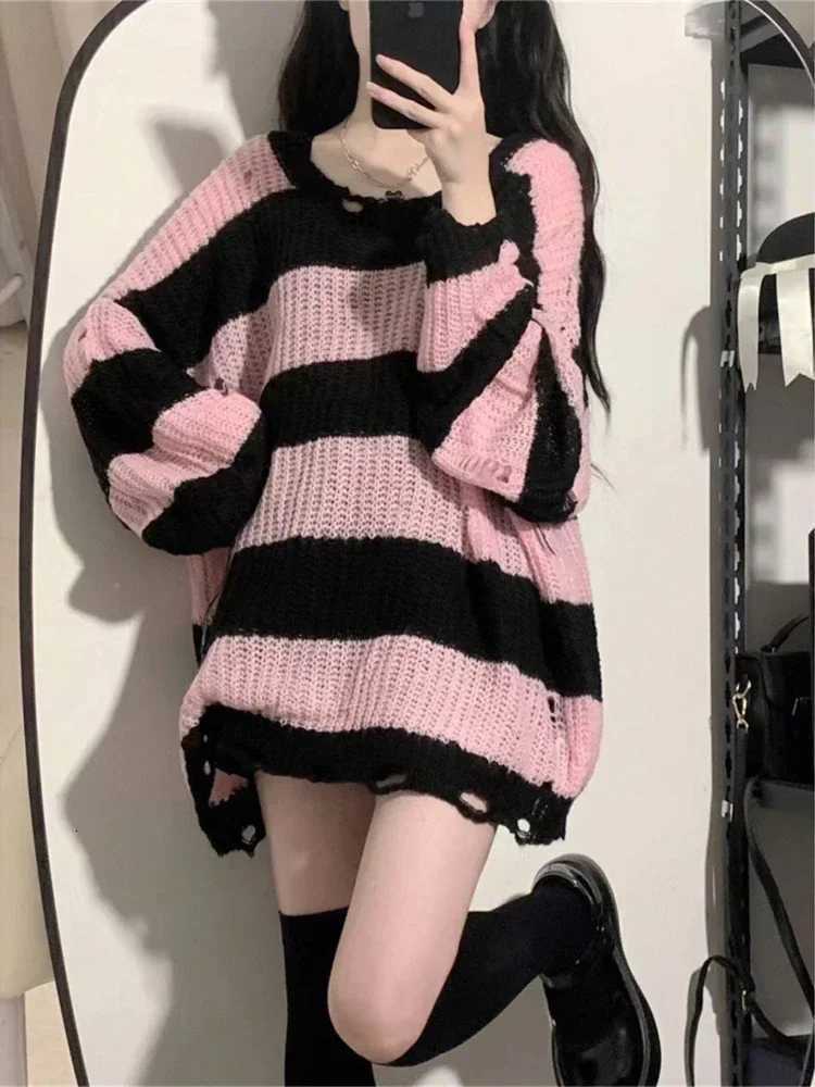 Women's Sweaters Y2K Pink Striped Sweaters Women Harajuku Vintage Black Knitted Jumper Grunge Sexy Hole Hollow Out Loose All-match Tops H260923